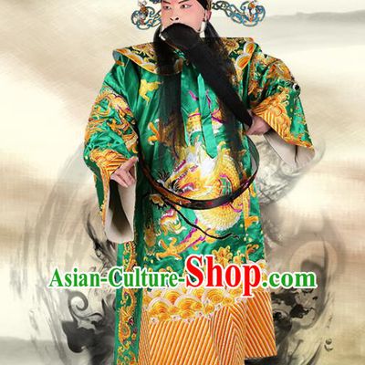 Chinese Beijing Opera Royal Highness Costume Dragons Embroidered Robe, China Peking Opera Prime Minister Embroidery Green Gwanbok Clothing