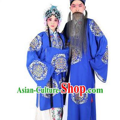 Chinese Beijing Opera Old Men and Women Embroidered Blue Costume, China Peking Opera Ministry Councillor Landlord Shiva Embroidery Clothing