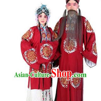Chinese Beijing Opera Old Men and Women Embroidered Red Costume, China Peking Opera Ministry Councillor Landlord Shiva Embroidery Clothing