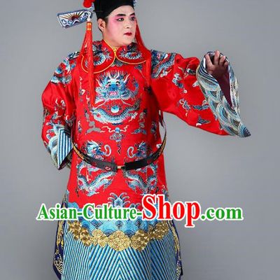 Chinese Beijing Opera Bao Zheng Costume Red Embroidered Robe, China Peking Opera Prime Minister Embroidery Dragon Gwanbok Clothing