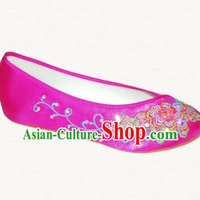 Traditional Chinese National Bride Rosy Embroidered Shoes, China Handmade Embroidery Flowers Hanfu Cloth Shoes for Women
