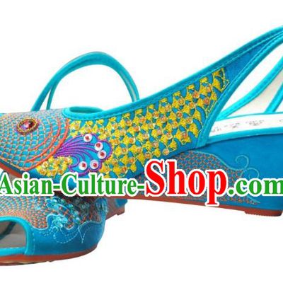 Traditional Chinese National Bride Blue Embroidered Sandal, China Handmade Embroidery Hanfu Wedge-soled Shoes for Women