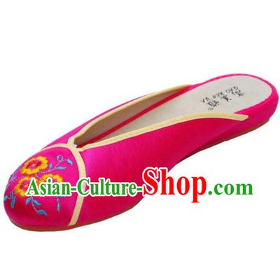 Traditional Chinese National Bride Rosy Embroidered Slippers, China Handmade Embroidery Flowers Hanfu Shoes for Women