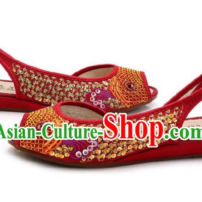 Traditional Chinese National Bride Red Paillette Embroidered Sandal, China Handmade Embroidery Flowers Peep-toe Shoes for Women