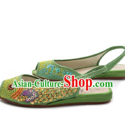 Traditional Chinese National Bride Green Paillette Embroidered Sandal, China Handmade Embroidery Flowers Peep-toe Shoes for Women