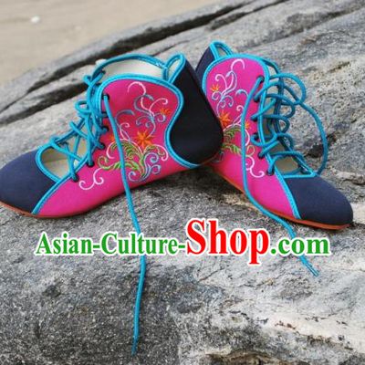 Traditional Chinese National Bride Embroidered Rosy Canvas Shoes, China Handmade Embroidery Flowers Plimsolls for Women