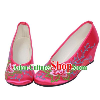 Traditional Chinese National Bride Rosy Embroidered Shoes, China Handmade Embroidery Flowers Wedge-soled Shoes for Women