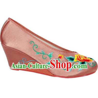 Traditional Chinese National Bride Light Pink Embroidered Shoes, China Handmade Embroidery Flowers Wedge-soled Shoes for Women