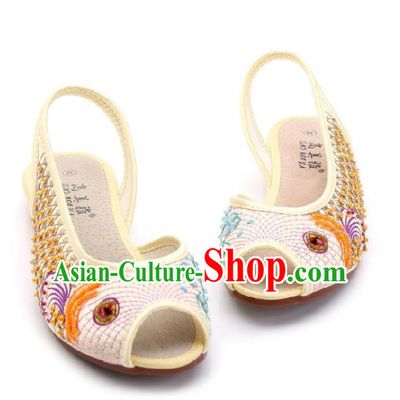 Traditional Chinese National Bride Beige Paillette Embroidered Sandal, China Handmade Embroidery Flowers Peep-toe Shoes for Women
