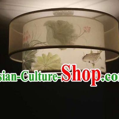 Traditional Chinese Handmade Sheepskin Painting Lotus Fish Palace Lantern China Ceiling Palace Lamp