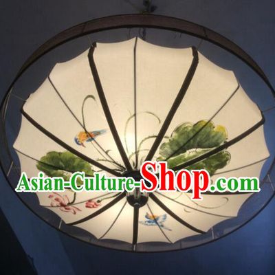 Traditional Chinese Handmade Painting Lotus Birds Palace Lantern China Ceiling Palace Lamp