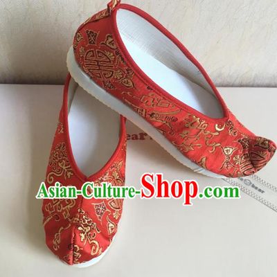 Traditional Chinese Ancient Han Dynasty Princess Embroidered Red Xiuhe Suit Blood Stained Shoes, China Handmade Hanfu Embroidery Wedding Shoes for Women