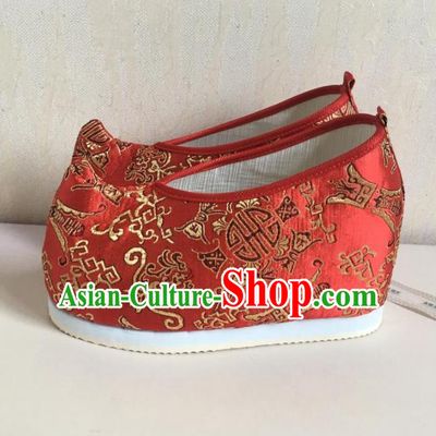 Traditional Chinese Ancient Han Dynasty Princess Embroidered Red Blood Stained Shoes, China Handmade Hanfu Embroidery Wedding Shoes for Women