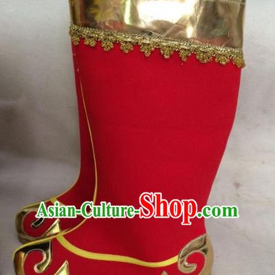Traditional Chinese Ancient Peking Opera Takefu Embroidered Boots, China Handmade Hanfu Red Embroidery Shoes for Men