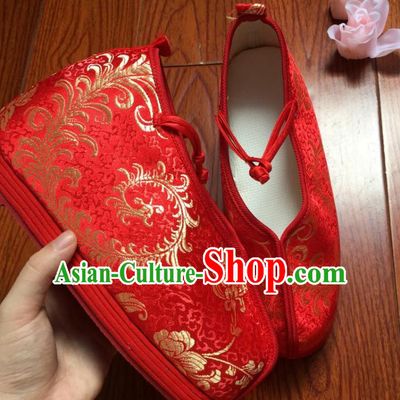Traditional Chinese Ancient Han Dynasty Bride Red Embroidered Shoes, China Handmade Hanfu Wedding Embroidery Shoes for Women