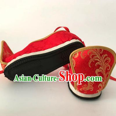 Traditional Chinese Ancient Han Dynasty Bridegroom Red Embroidered Shoes, China Handmade Hanfu Wedding Embroidery Shoes for Men