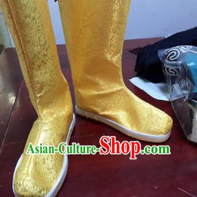 Traditional Chinese Ancient Golden Officer Boots, China Handmade Peking Opera Hanfu Embroidery Shoes for Men