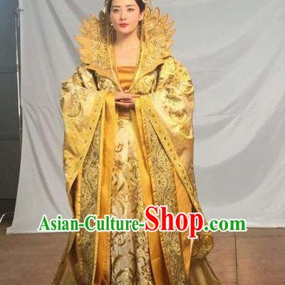 Traditional Ancient Chinese Tang Dynasty Imperial Empress Queen Embroidered Tailing Dress Costume and Headpiece Complete Set for Women