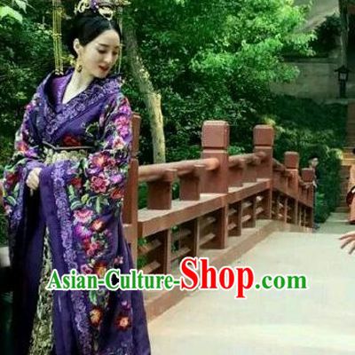 Traditional Ancient Chinese Tang Dynasty Imperial Concubine Palace Lady Embroidered Tailing Dress Costume and Headpiece Complete Set for Women