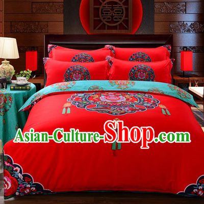 Traditional Chinese Style Wedding Bedding Set, China National Printing Red Textile Bedding Sheet Quilt Cover Complete Set