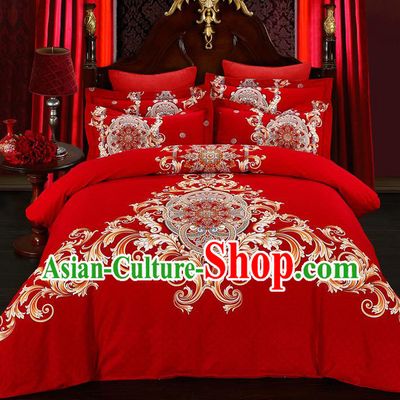 Traditional Chinese Style Wedding Bedding Set, China National Printing Red Textile Bedding Sheet Quilt Cover Complete Set