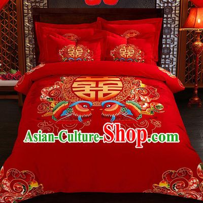 Traditional Chinese Style Wedding Bedding Set, China National Printing Mandarin Duck Red Textile Bedding Sheet Quilt Cover Complete Set