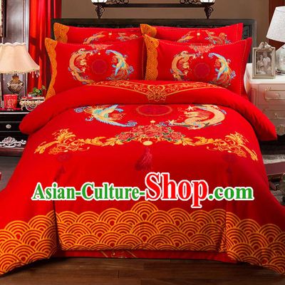 Traditional Chinese Style Wedding Bedding Set, China National Printing Dragon and Phoenix Red Textile Bedding Sheet Quilt Cover Complete Set
