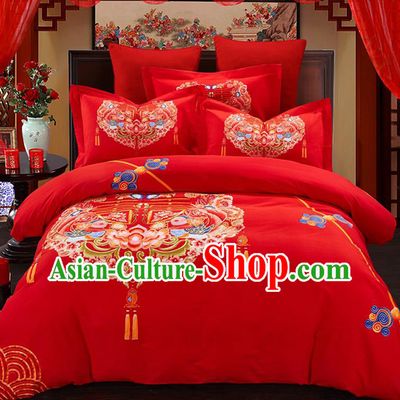 Traditional Chinese Style Wedding Bedding Set, China National Printing Peony Red Textile Bedding Sheet Quilt Cover Complete Set