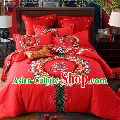 Traditional Chinese Style Wedding Bedding Set, China National Printing Red Textile Bedding Sheet Quilt Cover Complete Set