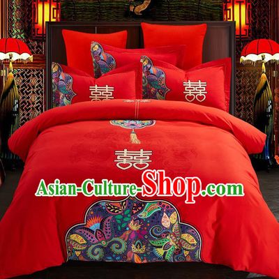 Traditional Chinese Style Wedding Bedding Set, China National Marriage Printing Red Textile Bedding Sheet Quilt Cover Complete Set