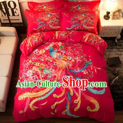 Traditional Chinese Style Wedding Bedding Set, China National Marriage Printing Phoenix Red Textile Bedding Sheet Quilt Cover Complete Set