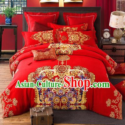 Traditional Chinese Style Wedding Bedding Set, China National Marriage Printing Flowers Red Textile Bedding Sheet Quilt Cover Complete Set