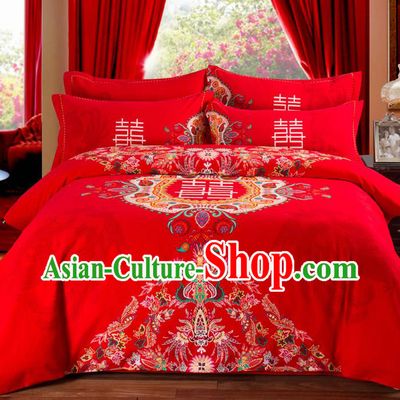 Traditional Chinese Style Wedding Bedding Set, China National Marriage Printing Red Textile Bedding Sheet Quilt Cover Complete Set