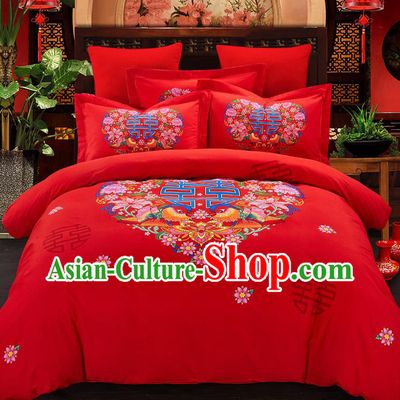 Traditional Chinese Style Wedding Bedding Set, China National Marriage Printing Mandarin Duck Red Textile Bedding Sheet Quilt Cover Complete Set