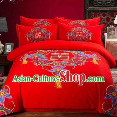 Traditional Chinese Style Wedding Bedding Set, China National Marriage Printing Xi Character Flowers Red Textile Bedding Sheet Quilt Cover Complete Set