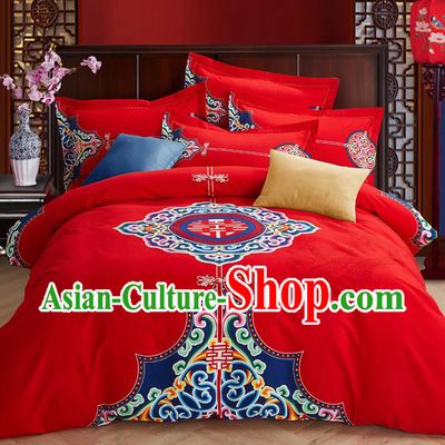 Traditional Chinese Style Wedding Bedding Set, China National Marriage Printing Xi Character Red Textile Bedding Sheet Quilt Cover Complete Set