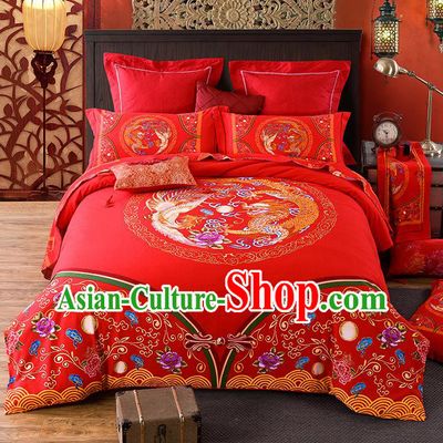 Traditional Chinese Style Wedding Bedding Set, China National Marriage Printing Dragon and Phoenix Flowers Red Textile Bedding Sheet Quilt Cover Complete Set