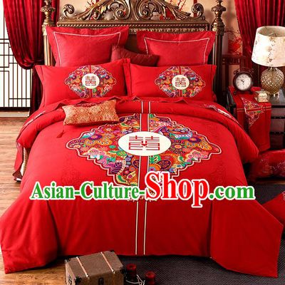Traditional Chinese Style Wedding Bedding Set, China National Marriage Printing Happy Character Flowers Red Textile Bedding Sheet Quilt Cover Complete Set