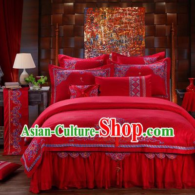 Traditional Chinese Style Wedding Bedding Set, China National Marriage Embroidery Red Textile Bedding Sheet Quilt Cover Ten-piece suit