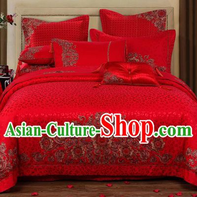 Traditional Chinese Style Wedding Bedding Set, China National Marriage Embroidery Red Satin Textile Bedding Sheet Quilt Cover 10-piece suit