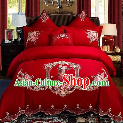 Traditional Chinese Style Wedding Bedding Set, China National Marriage Embroidery Love Couple Red Textile Bedding Sheet Quilt Cover Seven-piece suit