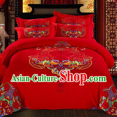 Traditional Chinese Style Wedding Bedding Set, China National Marriage Printing Mandarin Duck Red Textile Bedding Sheet Quilt Cover Seven-piece suit