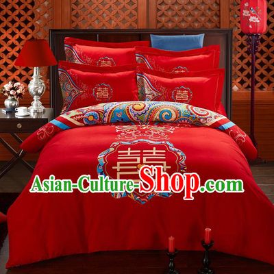Traditional Chinese Style Wedding Bedding Set, China National Marriage Printing Xi character Red Textile Bedding Sheet Quilt Cover Seven-piece suit