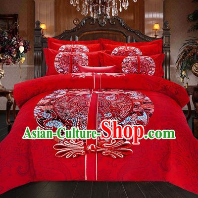 Traditional Chinese Style Wedding Bedding Set, China National Marriage Printing Plated Buttons Red Textile Bedding Sheet Quilt Cover Seven-piece suit