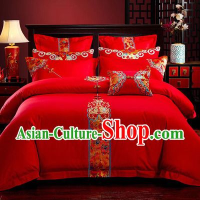 Traditional Chinese Style Wedding Bedding Set, China National Marriage Embroidery Red Textile Bedding Sheet Quilt Cover Six-piece suit
