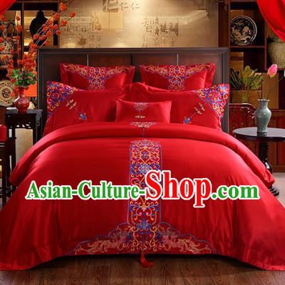 Traditional Chinese Style Wedding Bedding Set, China National Marriage Embroidery Flowers Red Textile Bedding Sheet Quilt Cover Six-piece suit
