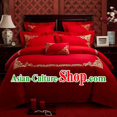 Traditional Chinese Style Wedding Bedding Set, China National Marriage Embroidery Red Textile Bedding Sheet Quilt Cover Seven-piece suit