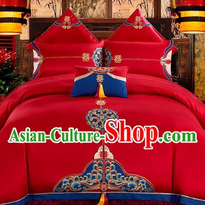 Traditional Chinese Style Wedding Bedding Set, China National Marriage Printing Red Textile Bedding Sheet Quilt Cover Four-piece suit