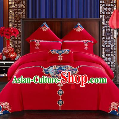 Traditional Chinese Style Wedding Bedding Set, China National Marriage Printing Twin Bliss Red Textile Bedding Sheet Quilt Cover Seven-piece suit
