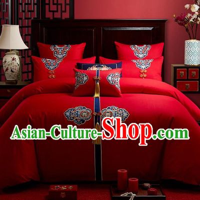 Traditional Chinese Style Wedding Bedding Set, China National Marriage Embroidery Tassel Red Textile Bedding Sheet Quilt Cover Seven-piece suit